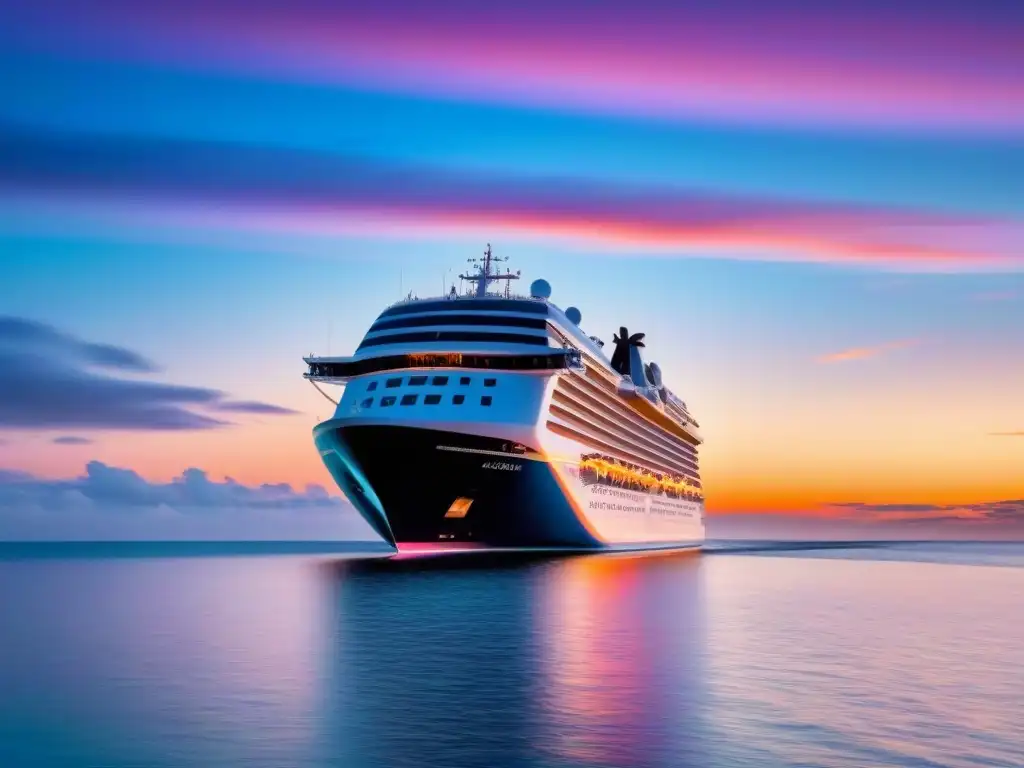 Un crucero moderno navega en aguas cristalinas al atardecer, iluminado por cálidas luces