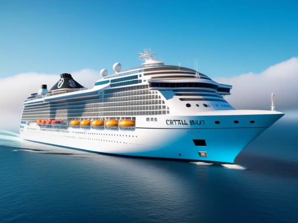 Un crucero moderno navega en aguas cristalinas, fusionando lujo tradicional con tecnología y criptomonedas en turismo marítimo