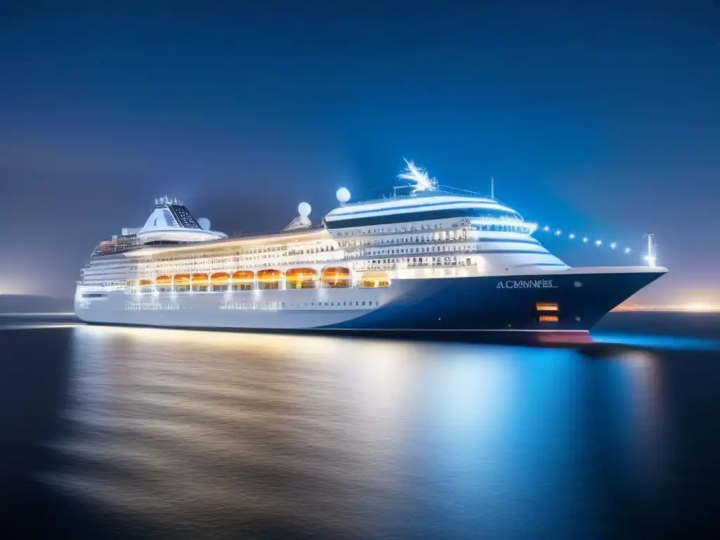 Un crucero moderno surca aguas cristalinas bajo un cielo estrellado, destacando la elegante tecnología GPS en cruceros