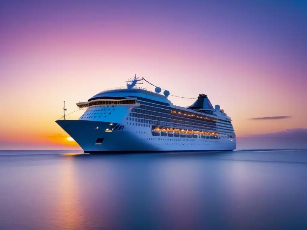 Un crucero moderno surca aguas cristalinas al atardecer, reflejando la Tecnología GPS en cruceros