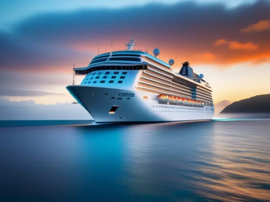 Un crucero moderno navega por aguas cristalinas al atardecer, reflejando un ambiente sereno y lujoso