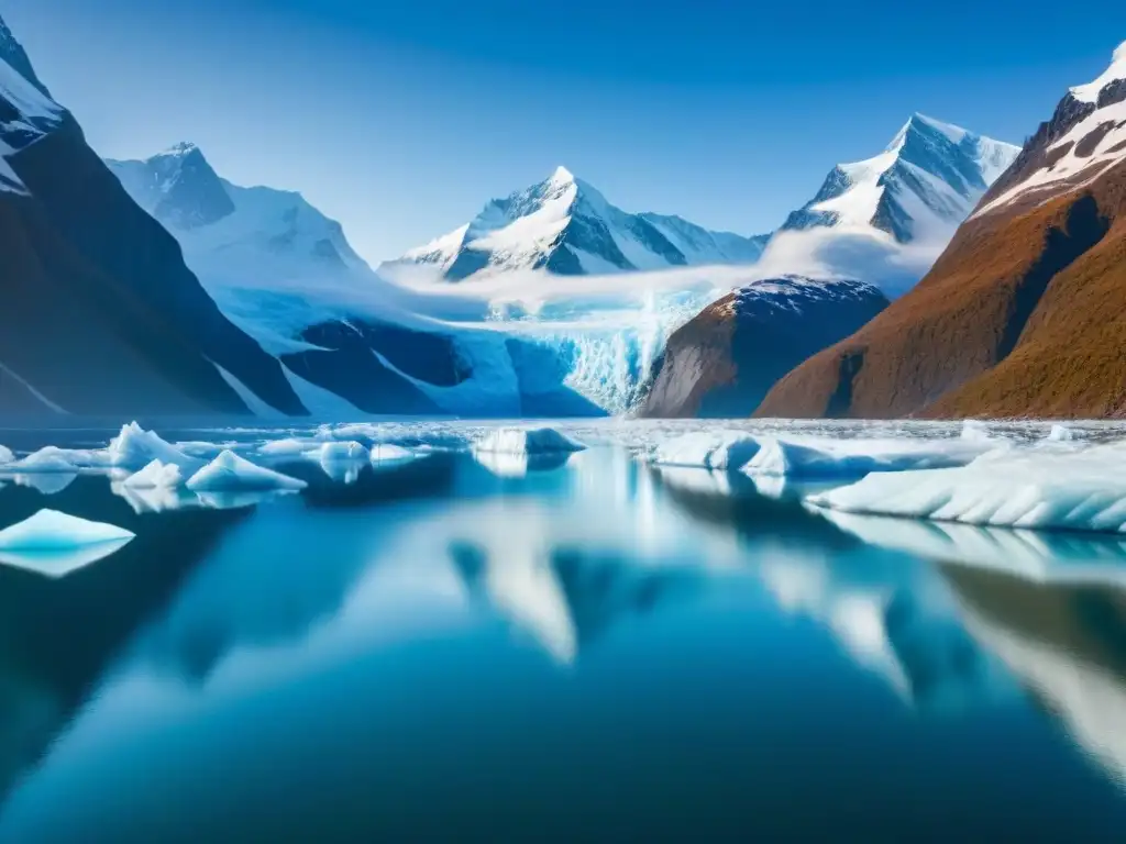 Crucero moderno surcando aguas heladas entre glaciares imponentes