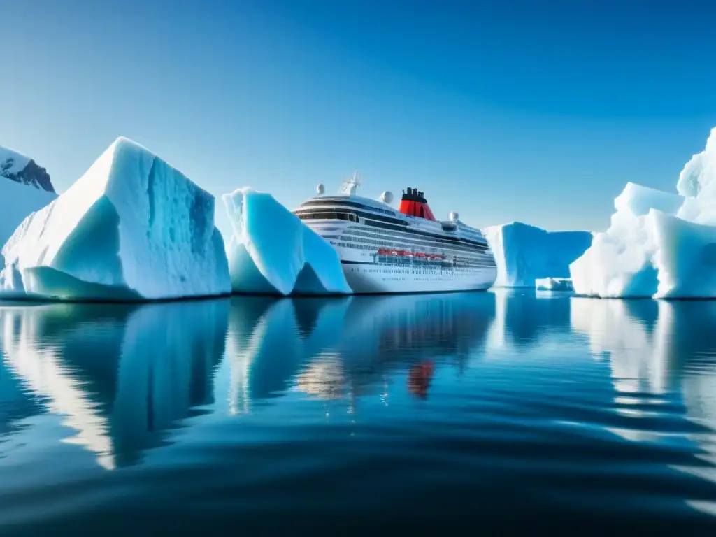 Un crucero moderno en aguas heladas rodeado de icebergs, reflejando su imagen en el agua tranquila