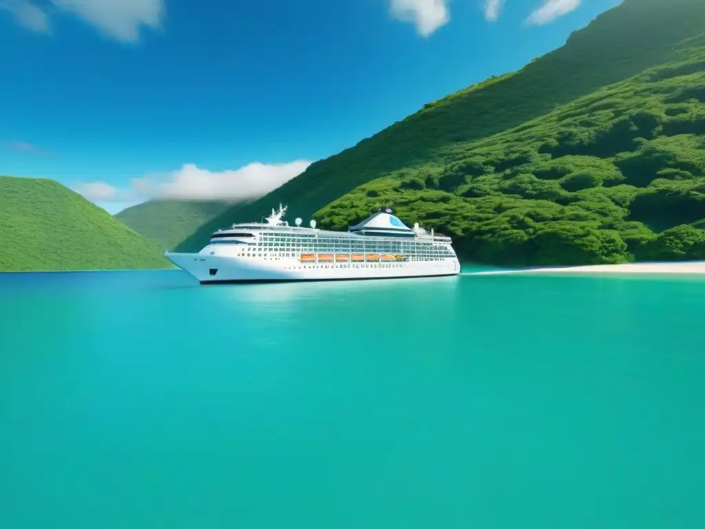 Un crucero moderno navega en aguas turquesa rodeado de vegetación, resaltando el impacto ambiental positivo de los cruceros