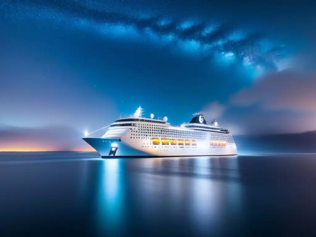 Un crucero moderno surca aguas tranquilas bajo un cielo estrellado, fusionando lujo y competiciones esports en cruceros