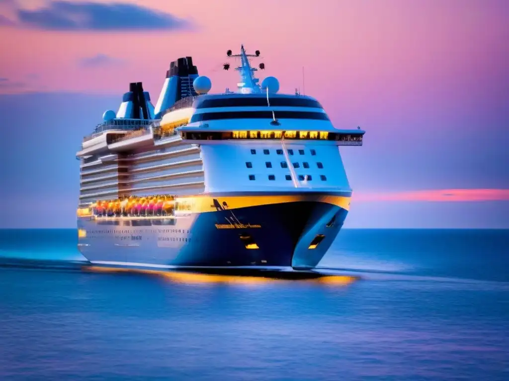 Un crucero moderno surca aguas tranquilas al atardecer, transmitiendo elegancia y lujo, ideal para financiación de nuevos cruceros fondos