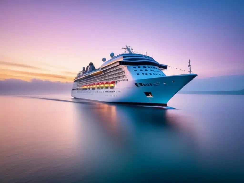 Un crucero moderno navegando en aguas tranquilas al atardecer con reflejos pastel, simbolizando la adaptación de la industria de cruceros al impacto económico de la pandemia