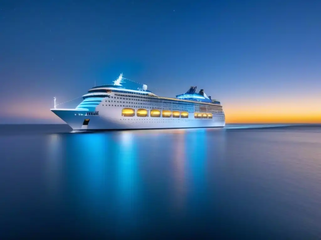 Un crucero moderno surca aguas tranquilas bajo un cielo estrellado, con lúpulos dorados flotando, simbolizando la cerveza artesanal en cruceros