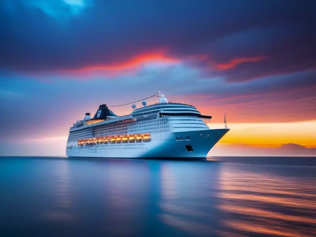 Un crucero moderno se desliza por aguas tranquilas al atardecer, destacando su elegancia y tranquilidad