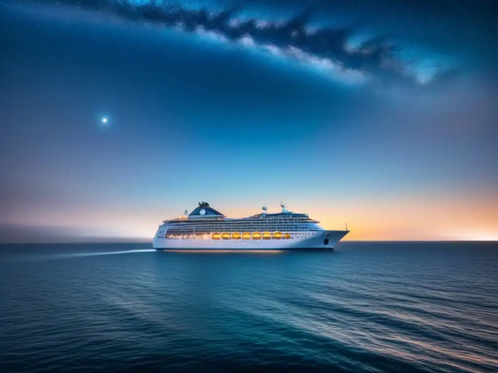 Un crucero moderno navega en aguas tranquilas bajo un cielo estrellado, con luces brillantes en las ventanas