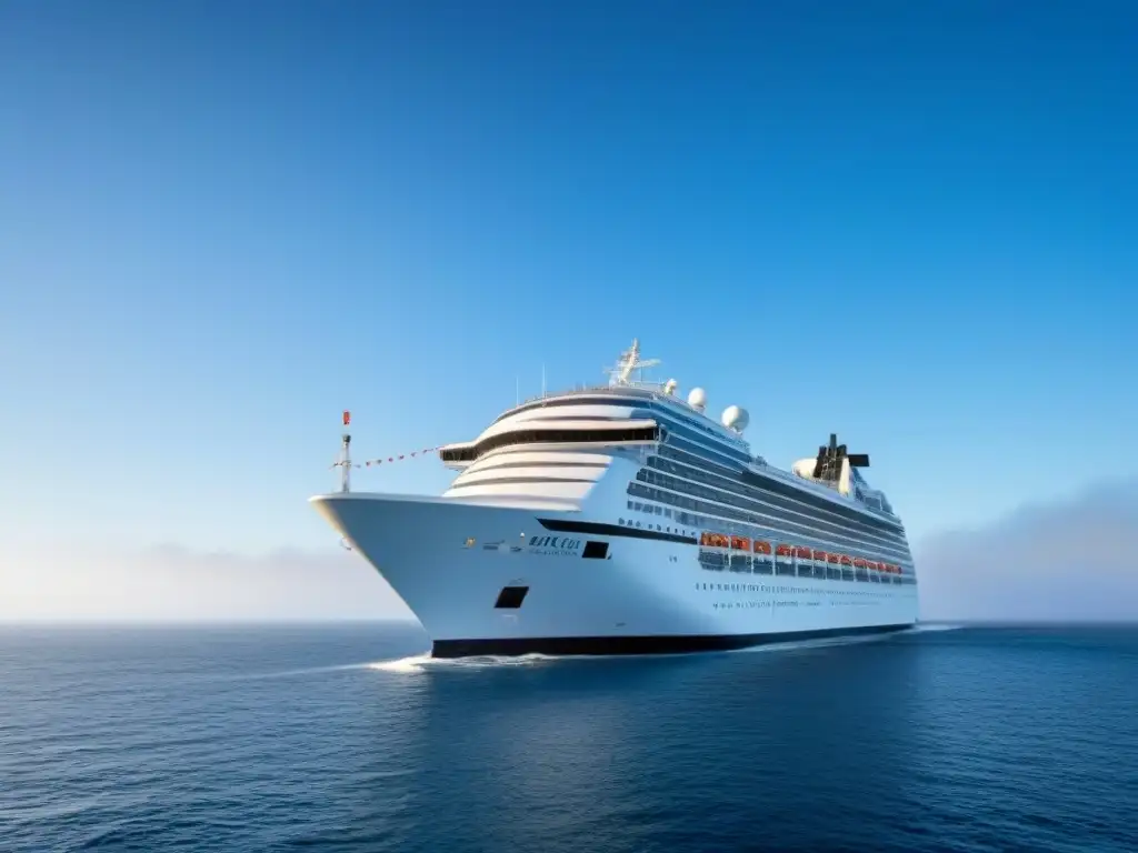 Un crucero moderno navega sobre aguas tranquilas bajo un cielo azul, con una antena satelital, simbolizando la conectividad a bordo de cruceros