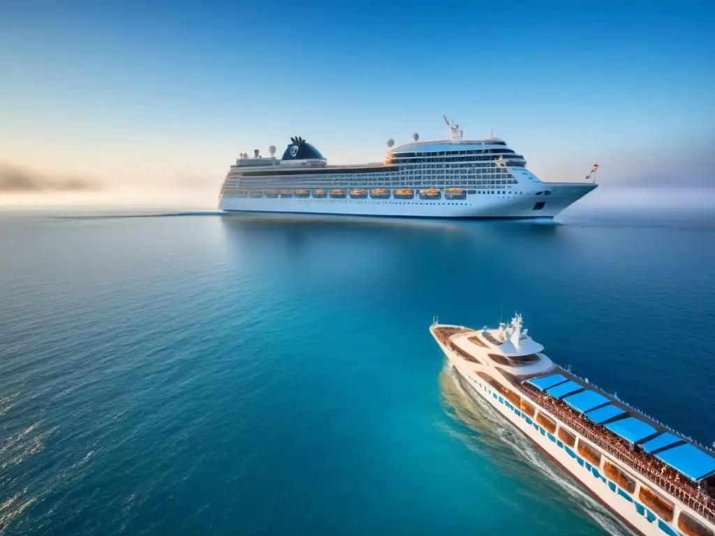 Un crucero moderno navega en aguas tranquilas al atardecer, con pasajeros relajándose en cubierta