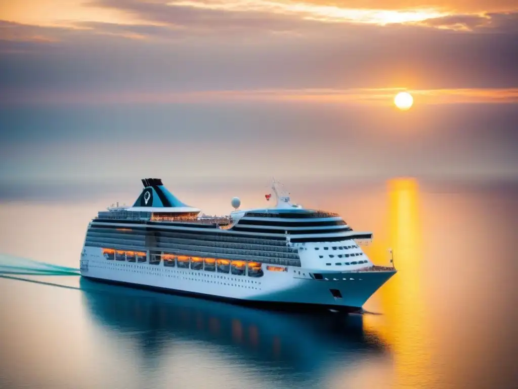 Un crucero moderno surcando aguas tranquilas al atardecer, reflejando el sol dorado en el mar sereno, evocando eficiencia en cruceros marítimos