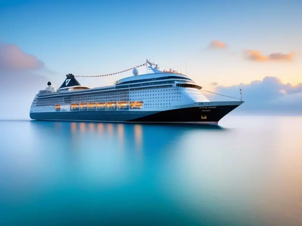 Un crucero moderno surcando aguas tranquilas y cristalinas bajo un cielo azul, transmitiendo calma y lujo