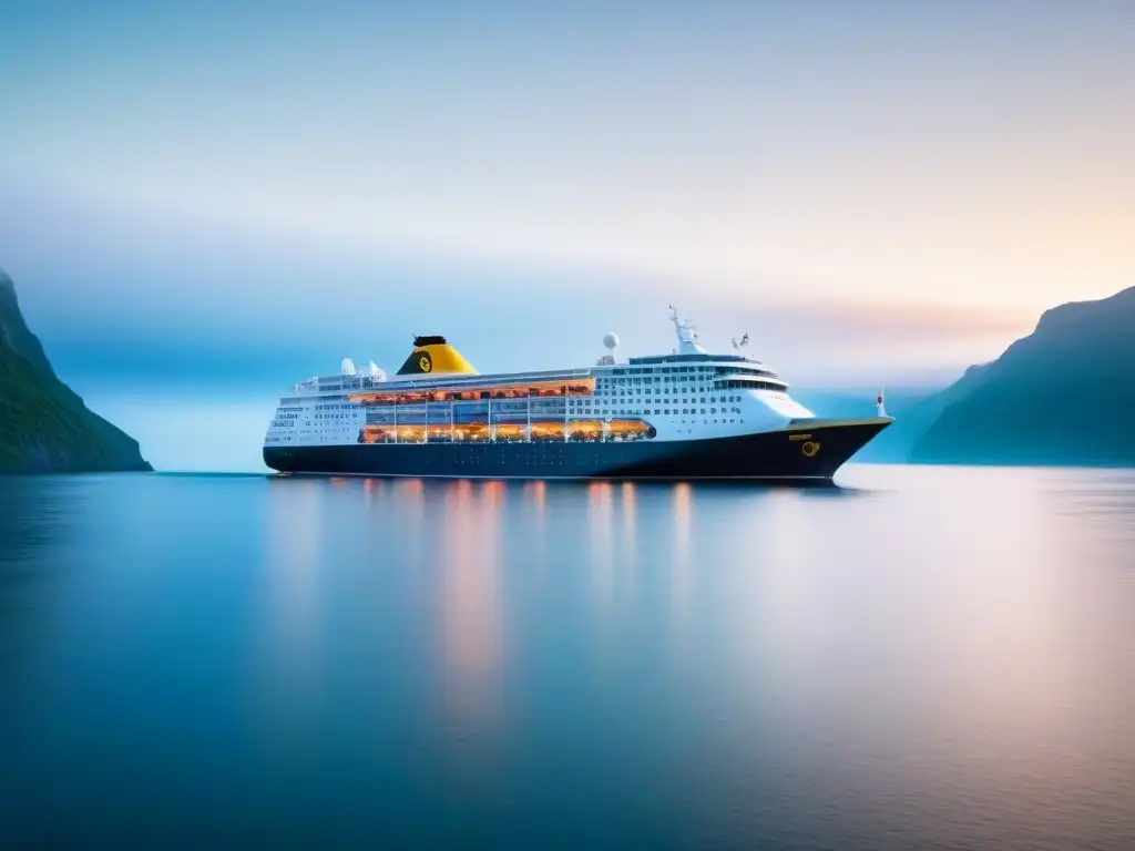 Un crucero moderno navega en aguas tranquilas al amanecer, transmitiendo equilibrio en consumo de combustible y impacto ambiental