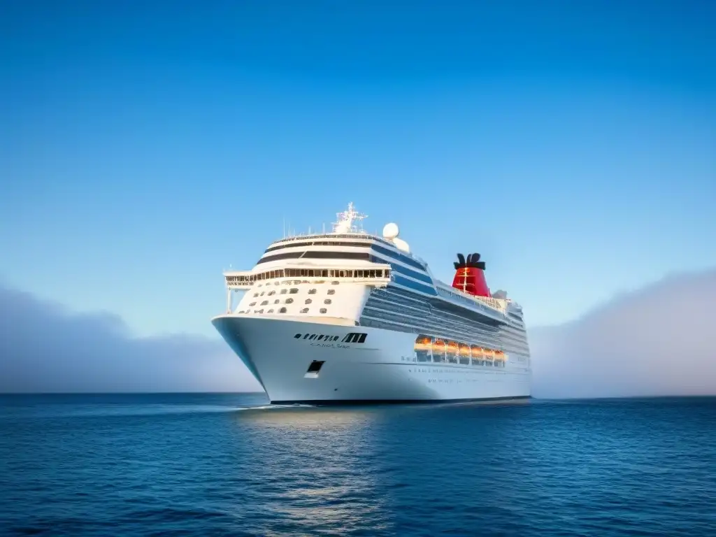 Un crucero moderno navegando en aguas tranquilas, destacando la vastedad del océano y la tranquilidad del viaje