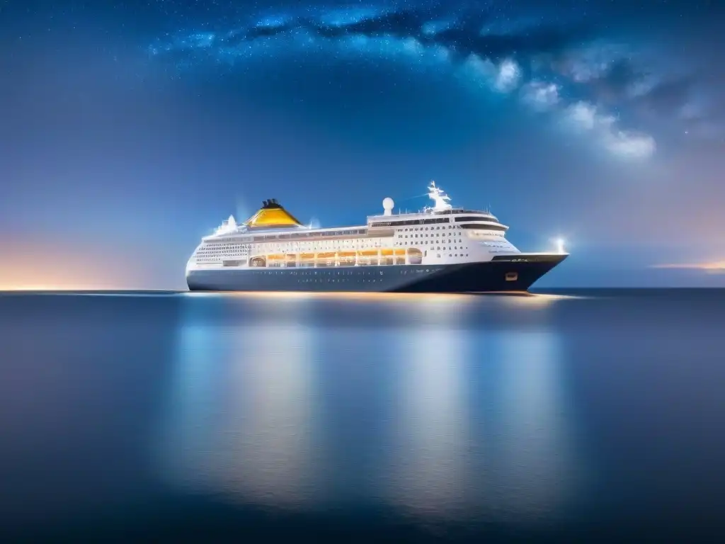 Un crucero moderno surca aguas tranquilas bajo un cielo estrellado