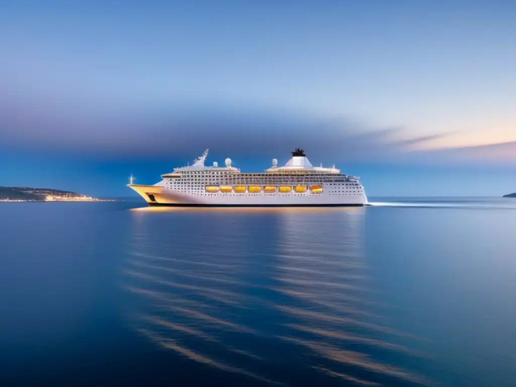 Crucero moderno navegando en aguas tranquilas bajo un cielo estrellado, destacando innovaciones seguridad marítima cruceros