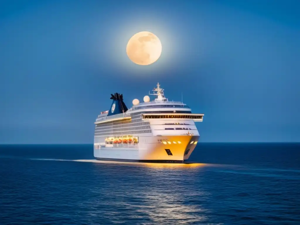 Un crucero moderno navega en aguas tranquilas bajo la luz de la luna, destacando protocolos seguridad cruceros evolución