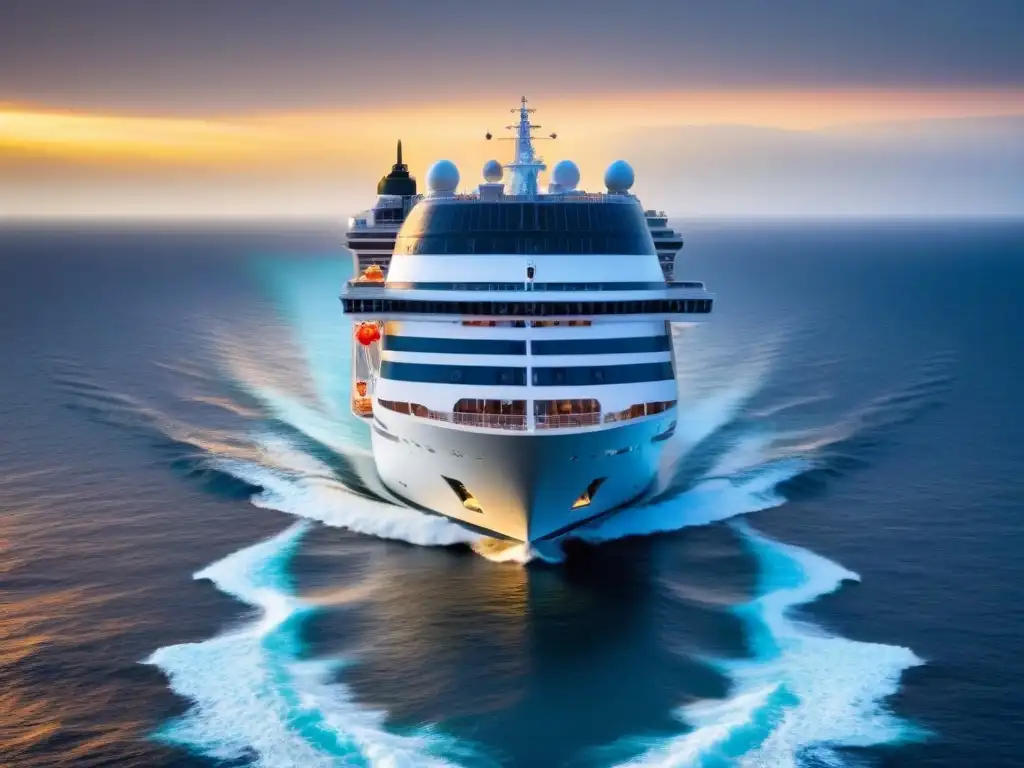 Un crucero moderno y seguro navegando en aguas tranquilas al atardecer