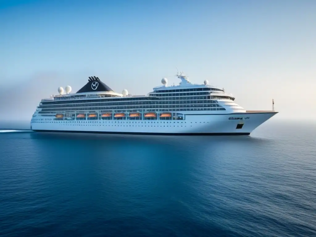 Un crucero moderno navegando en aguas tranquilas bajo un cielo azul, mostrando su diseño elegante y servicios médicos en cruceros