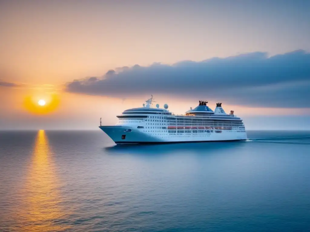 Un crucero moderno navega en aguas tranquilas al atardecer