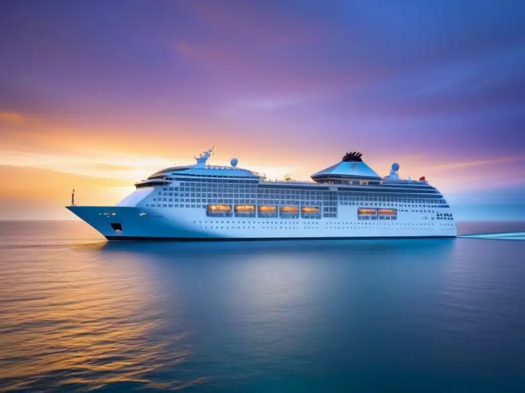 Un crucero moderno surcando aguas tranquilas al atardecer, transmitiendo tranquilidad y lujo