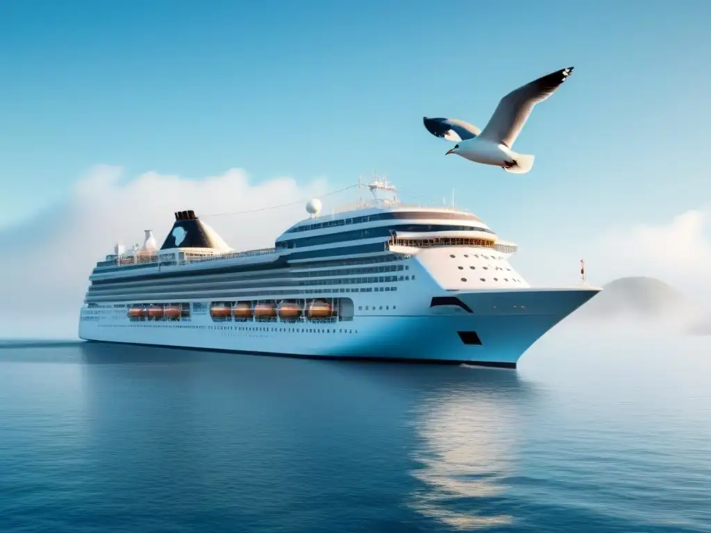 Un crucero moderno navega en aguas tranquilas bajo un cielo azul, con una gaviota volando