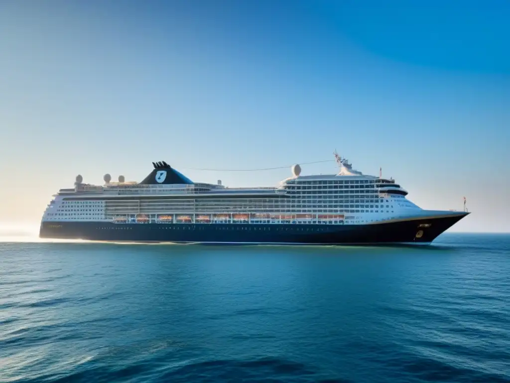 Un crucero moderno navega suavemente en aguas tranquilas bajo un cielo azul, brindando exclusividad y relax