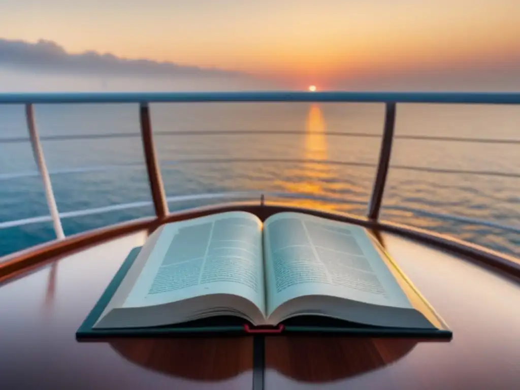 Un crucero moderno surca aguas tranquilas al atardecer, con libros clásicos en cubierta