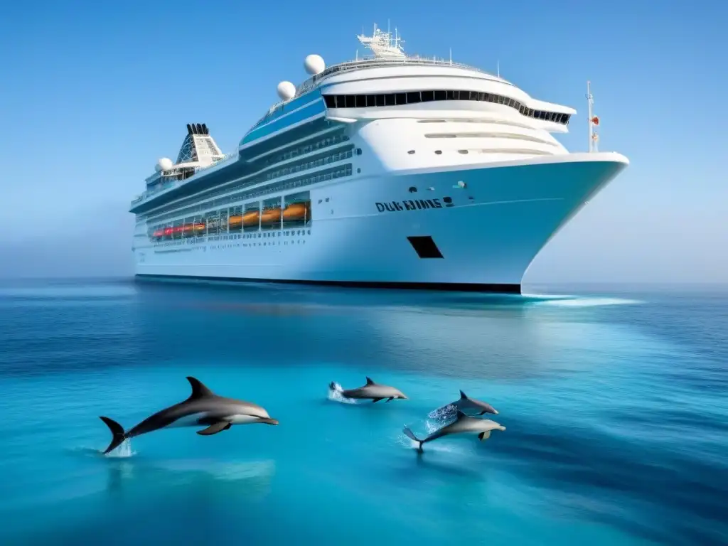 Un crucero moderno navega en aguas tranquilas con delfines, representando el turismo marítimo sostenible crucero