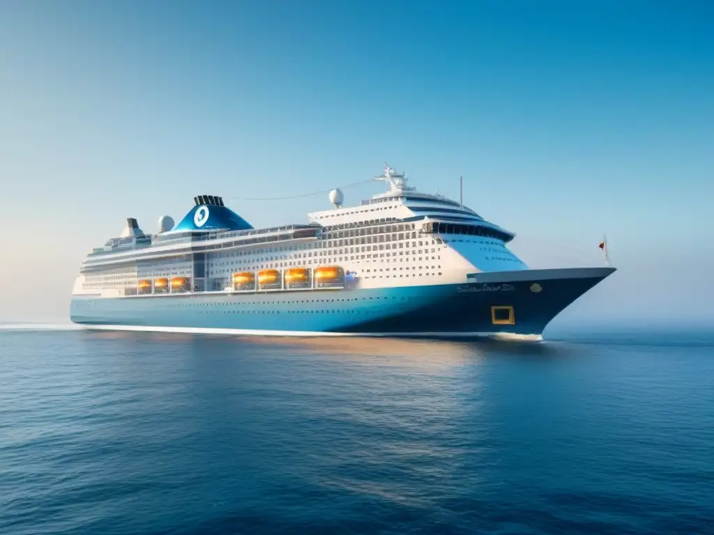 Un crucero moderno navega en aguas tranquilas bajo un cielo azul, con símbolos de criptomonedas integrados en su diseño