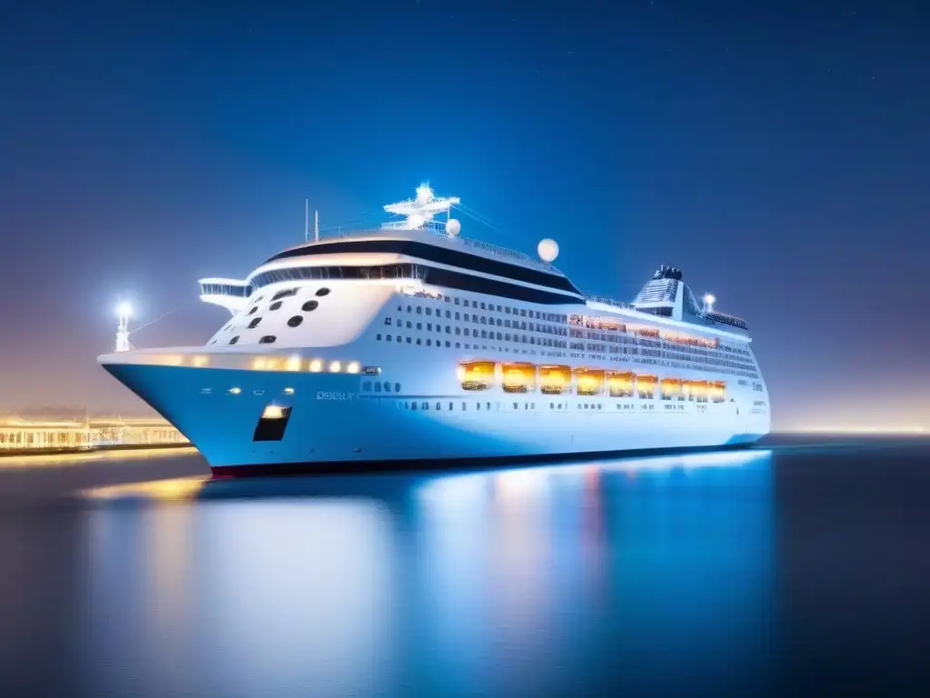 Un crucero moderno surca aguas tranquilas bajo un cielo estrellado, con luces y tecnologías de pago sin contacto en cruceros integradas