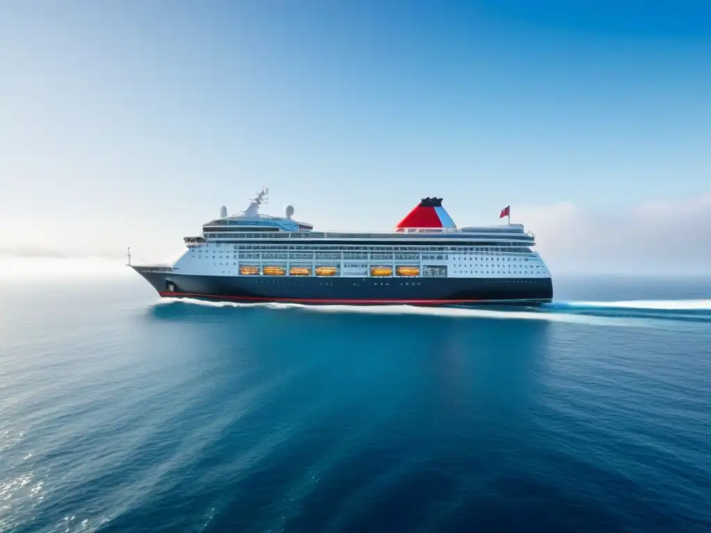 Un crucero moderno surca aguas tranquilas con dispositivos de comunicación integrados, conectividad marítima para Apps de crucero