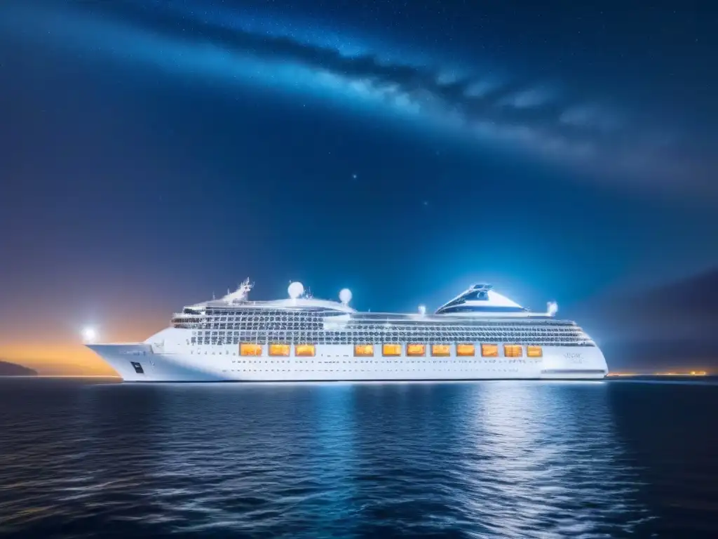 Un crucero moderno avanza por aguas tranquilas bajo un cielo estrellado, iluminado por luces futuristas