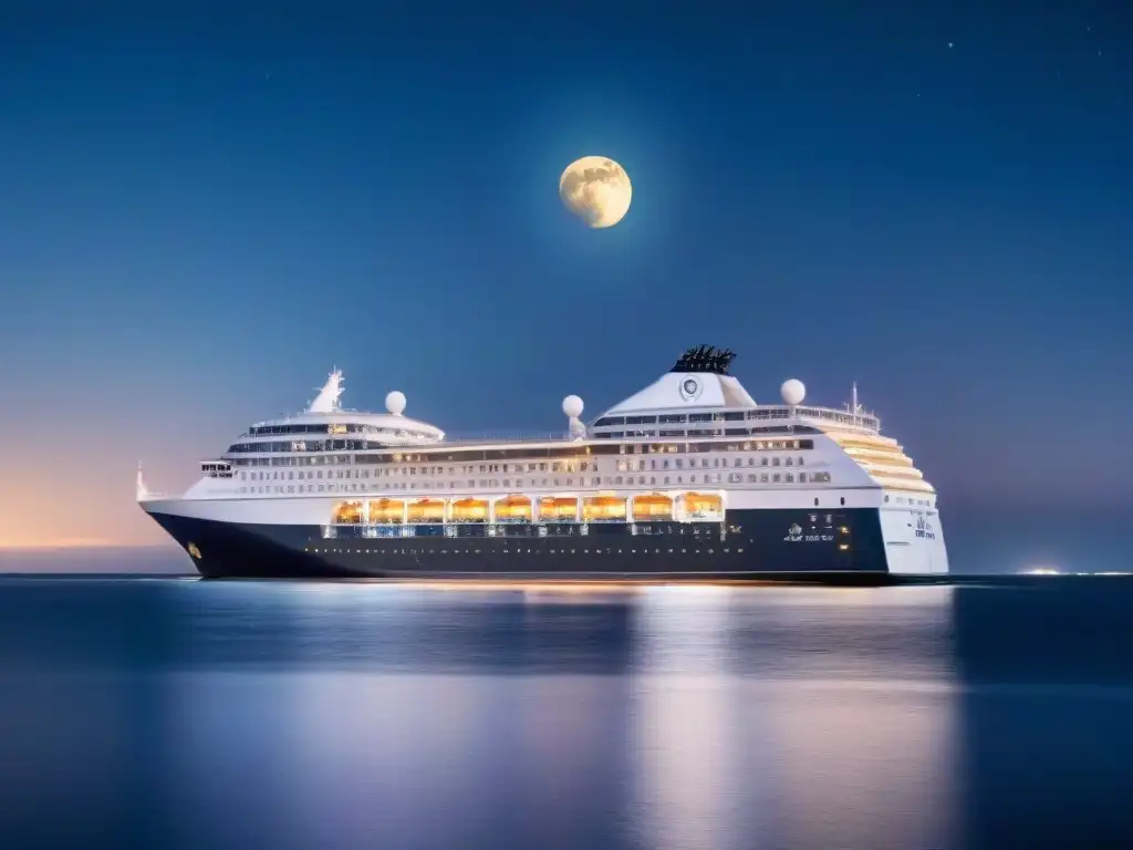 Un crucero moderno navega en aguas tranquilas bajo un cielo estrellado, con símbolos de seguridad digital integrados sutilmente en su diseño