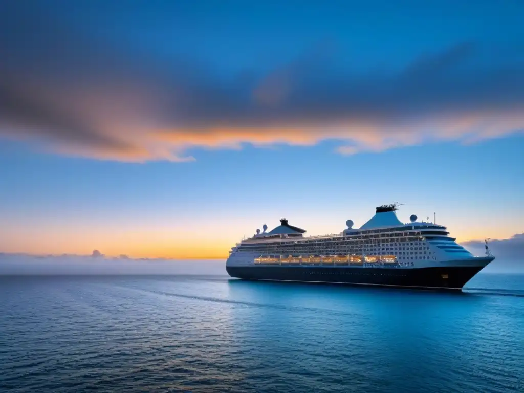 Un crucero moderno se desliza en aguas tranquilas al amanecer, en armonía con la naturaleza