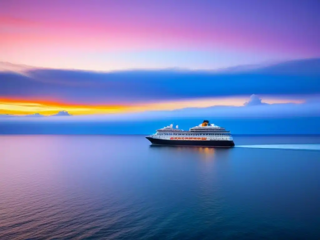 Un crucero moderno navegando en aguas tranquilas al atardecer, simbolizando seguridad en cruceros frente al cambio climático