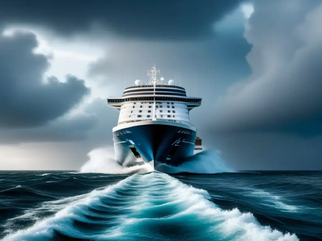 Un crucero moderno navega entre aguas turbulentas bajo un cielo dramático, representando la seguridad cruceros cambio climático