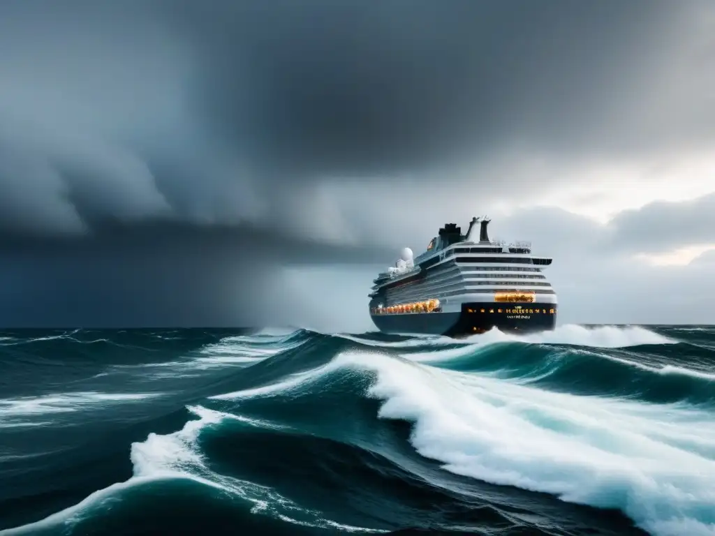 Un crucero moderno navega en aguas turbulentas, mostrando estrategias para tormenta en crucero