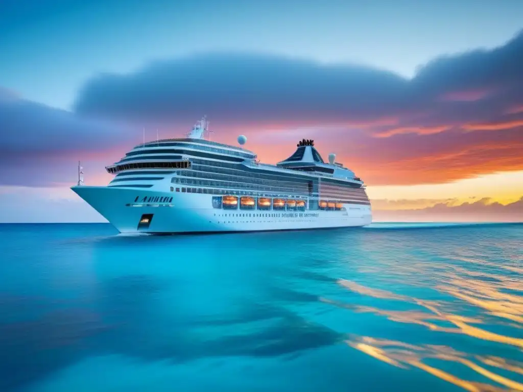 Un crucero moderno surca aguas turquesa, revelando arrecifes de coral bajo un atardecer cálido