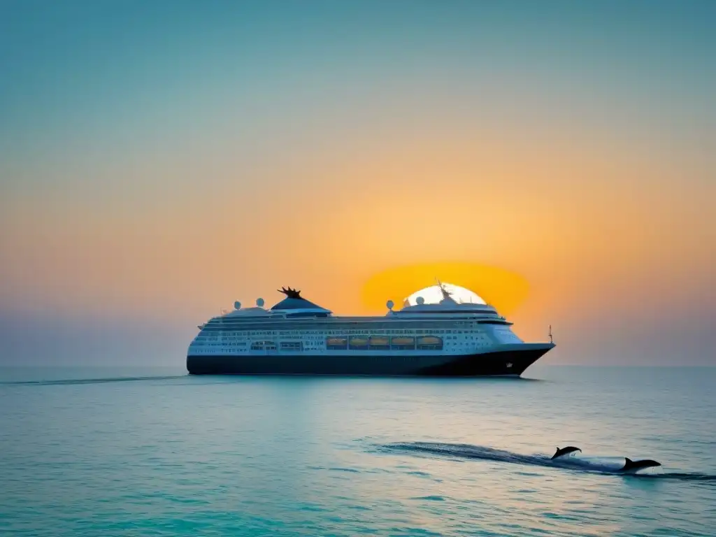 Un crucero moderno navegando en aguas turquesas junto a delfines, reflejando prácticas sostenibles en cruceros