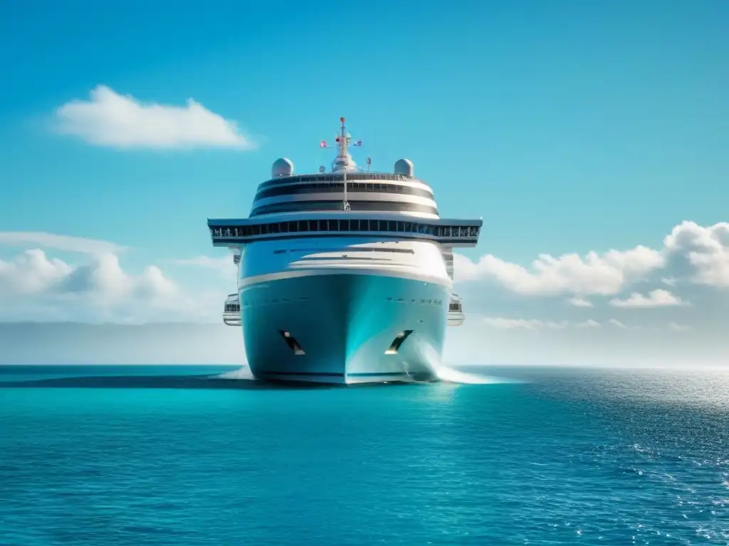 Un crucero moderno surca aguas turquesas bajo un cielo azul, reflejando elegancia y aventura