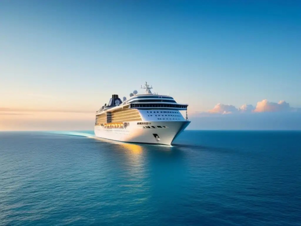 Un crucero moderno navegando en aguas turquesas bajo un cielo despejado al atardecer