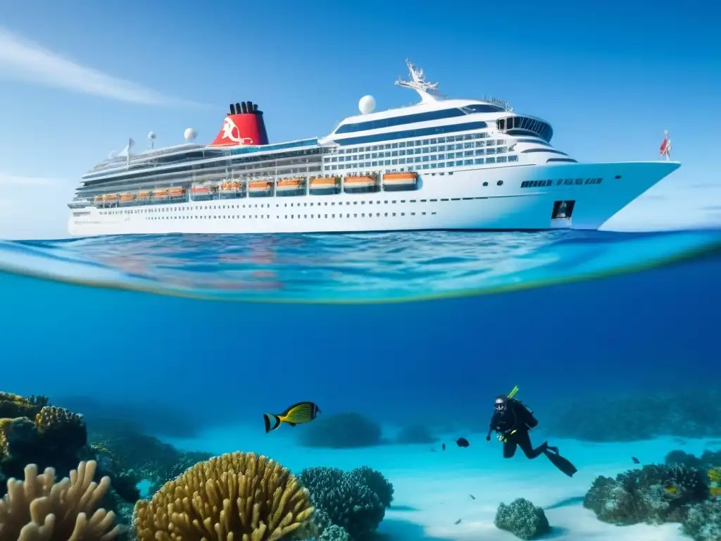 Un crucero moderno navegando en aguas turquesas, con buceadores explorando un arrecife de coral