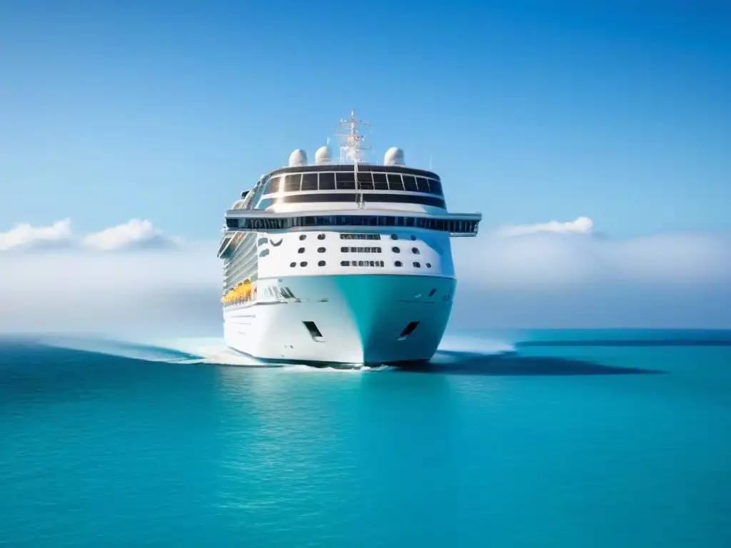 Un crucero moderno navega en aguas turquesas bajo cielo azul, rodeado de neblina y nubes blancas, destacando iniciativas cruceros cambio climático