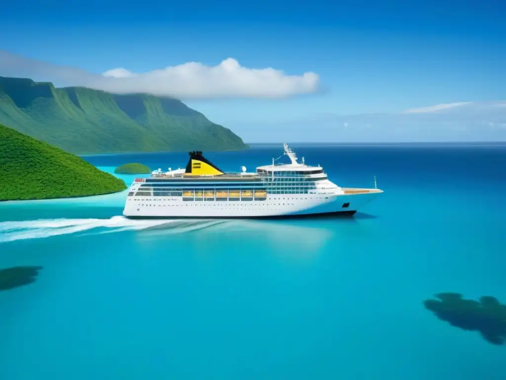 Un crucero moderno surcando aguas turquesas con diseño verde y sostenible, rodeado de islas verdes bajo cielo azul