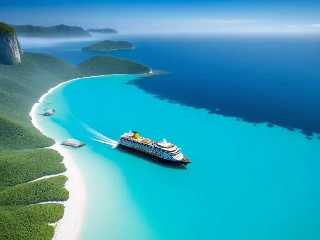 Un crucero moderno navegando en aguas turquesas, con paisaje costero verde y cielo azul