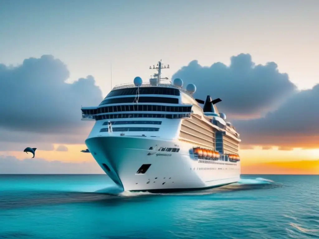 Un crucero moderno en aguas turquesas con delfines en su estela, bajo un atardecer de colores pastel