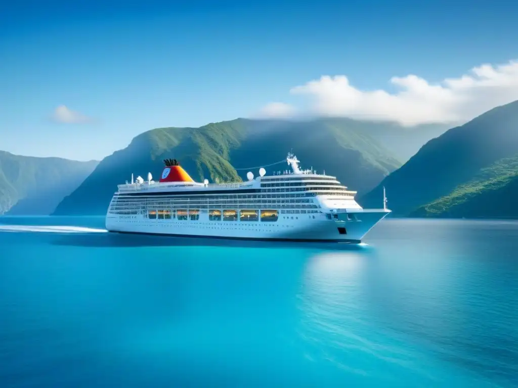 Un crucero moderno navega en aguas turquesas con montañas verdes al fondo, transmitiendo tranquilidad y sostenibilidad en turismo marítimo